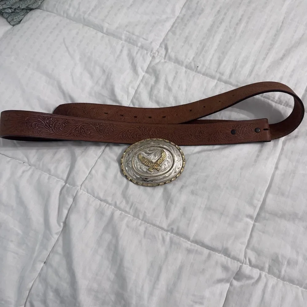 Vintage Justin Leather Belt with R-Strike Eagle Buckle (4”) Western Cowboy